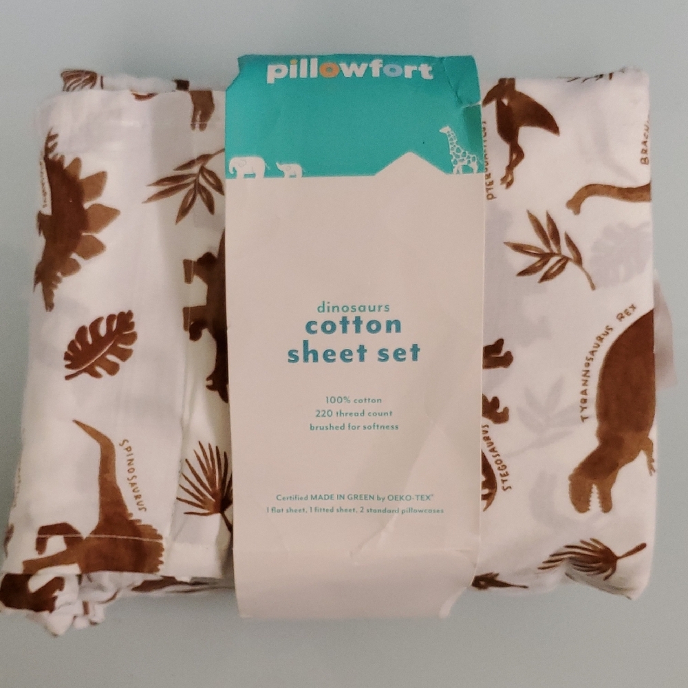 Pillowfort Dinosaur Cotton Sheet Set - Brown and White, full